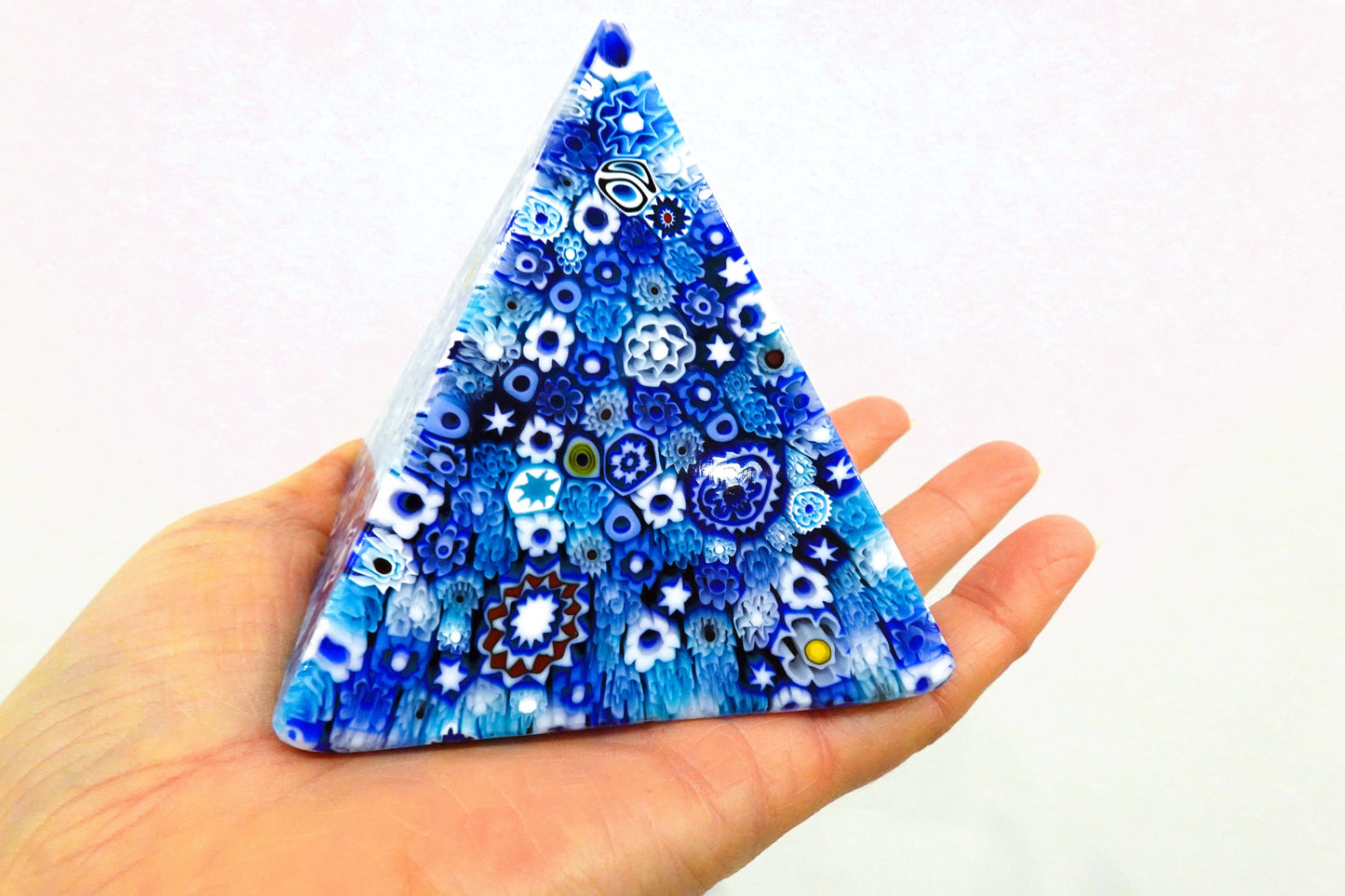 Millefiori Pyramid Paperweight Shades of Blue in Murrino glass Made in Murano