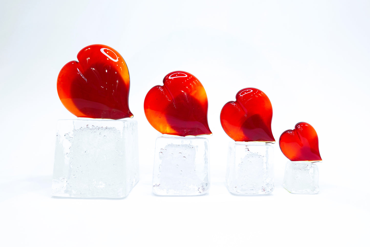 Red Heart in Murano glass on a transparent glass cube with bubbles