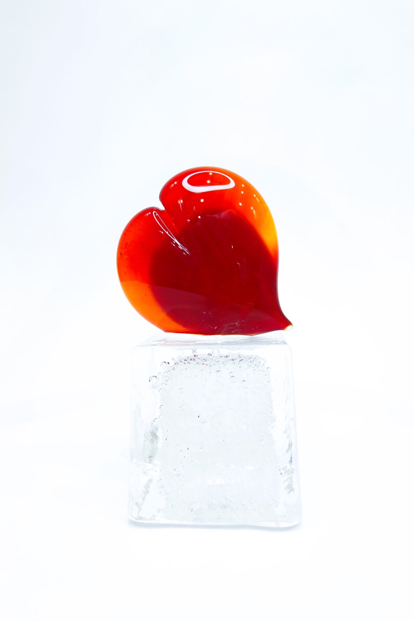 Red Heart in Murano glass on a transparent glass cube with bubbles
