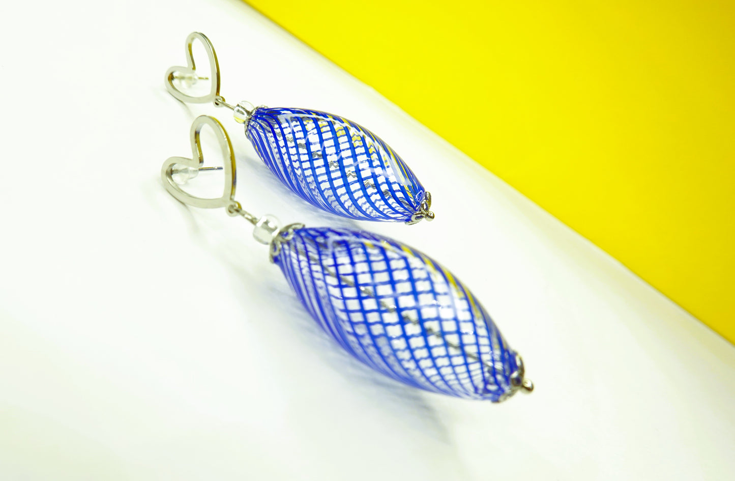 Murano Glass Earrings Blown Filigree - Blue - Olive