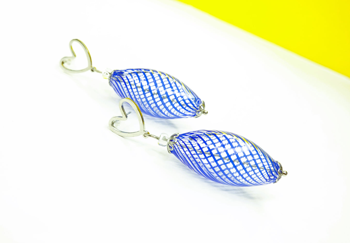 Murano Glass Earrings Blown Filigree - Blue - Olive