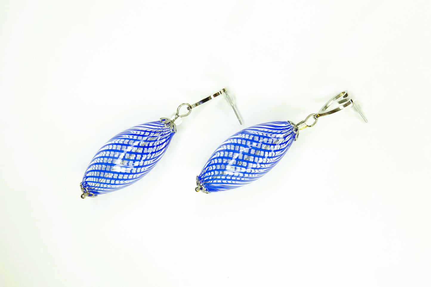 Murano Glass Earrings Blown Filigree - Blue - Olive