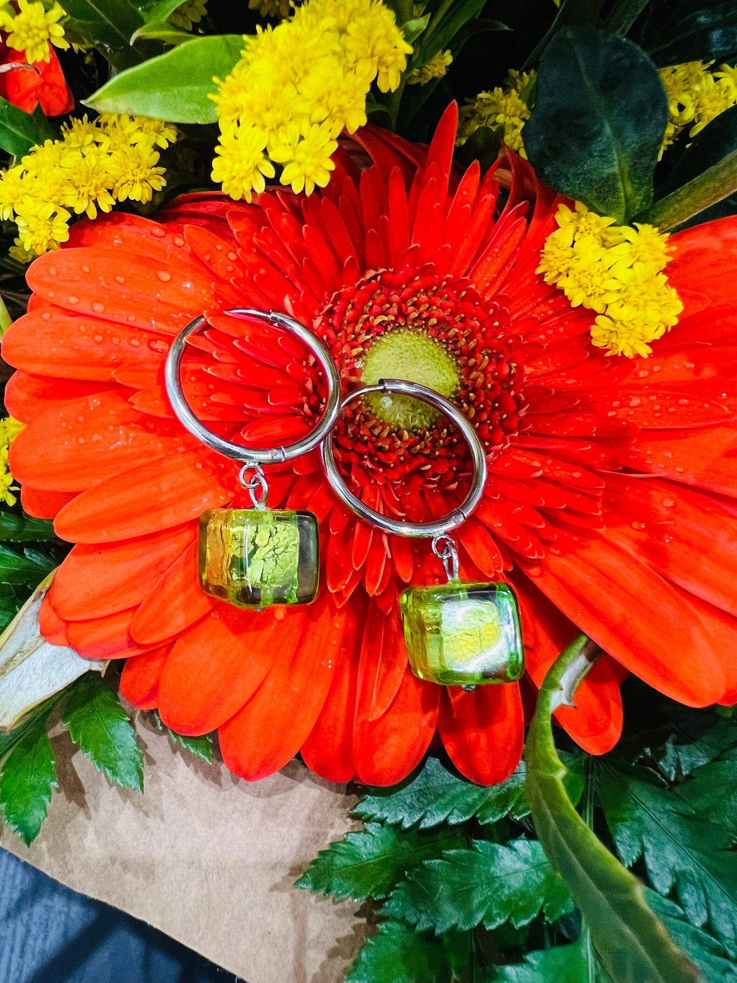 Stainless Steel Loop Earrings with Sommerso Murano Glass Cube Pearl