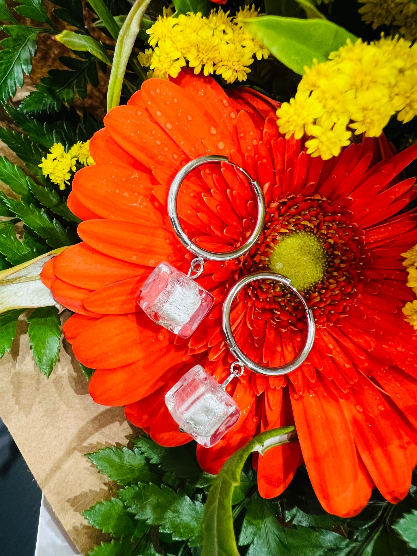 Stainless Steel Loop Earrings with Sommerso Murano Glass Cube Pearl