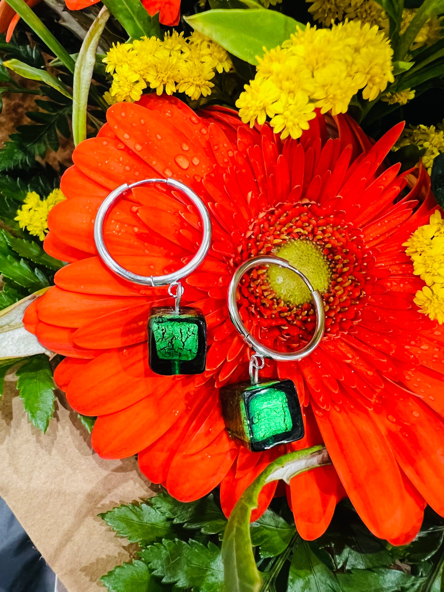Stainless Steel Loop Earrings with Sommerso Murano Glass Cube Pearl