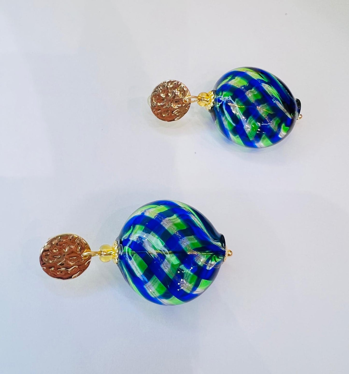 Murano Glass Earrings with Green-Blue-Aventurine Filigree