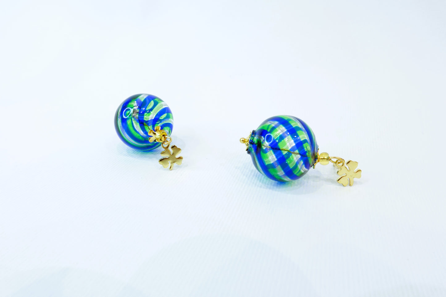Green-Blue-Aventurine Round Blown Murano Glass Filigree Earrings