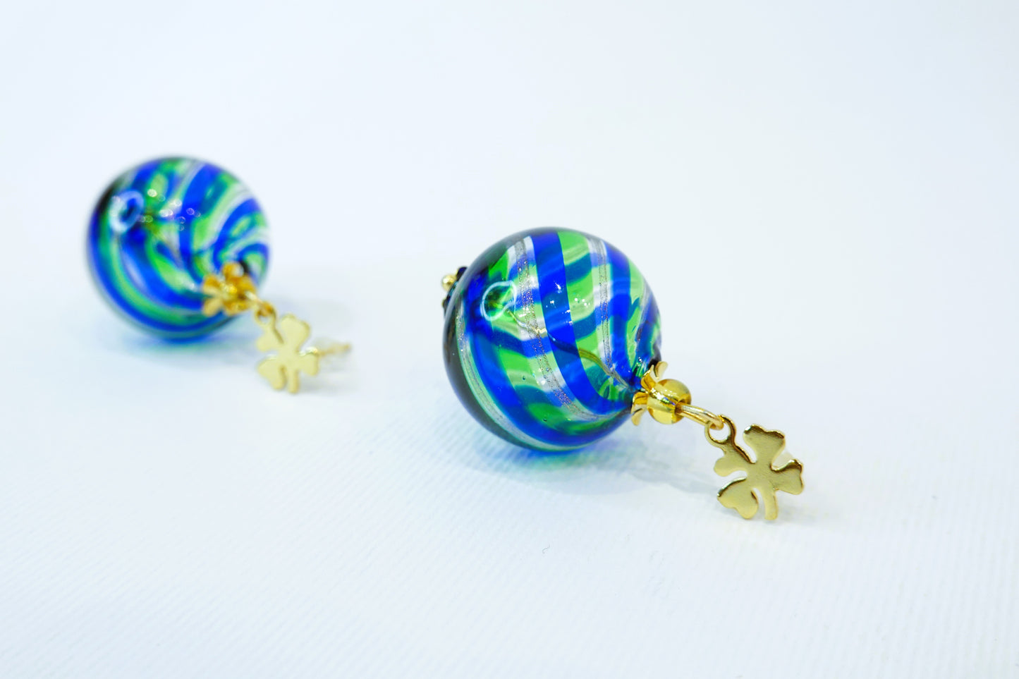 Green-Blue-Aventurine Round Blown Murano Glass Filigree Earrings