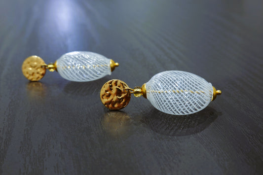Blown Murano Glass Filigree Earrings - White - Flattened Round