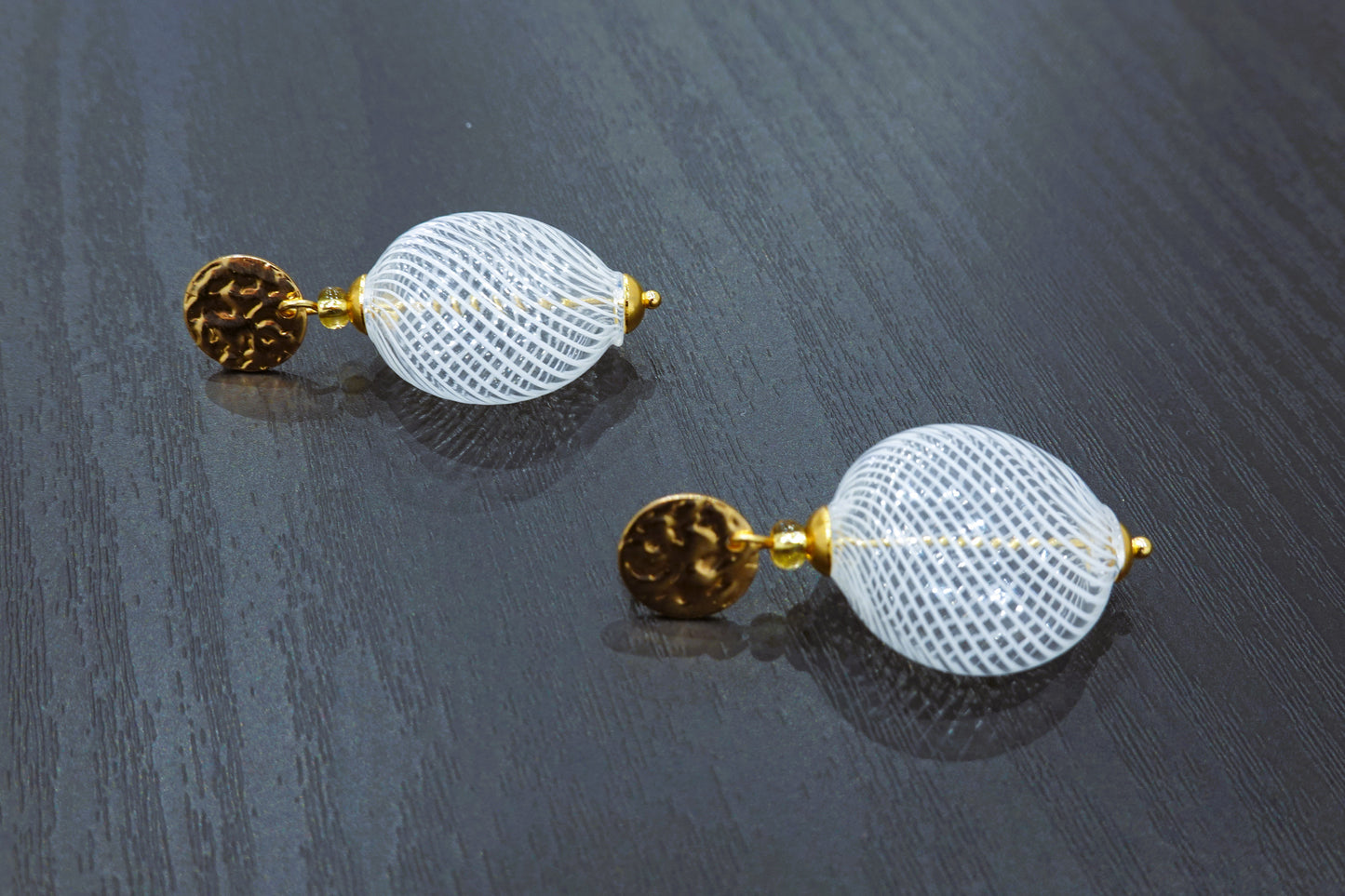 Blown Murano Glass Filigree Earrings - White - Flattened Round