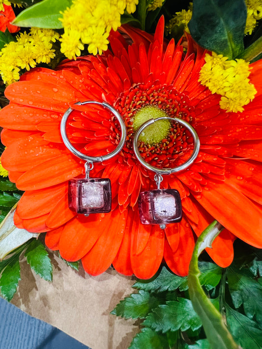Stainless Steel Loop Earrings with Sommerso Murano Glass Cube Pearl